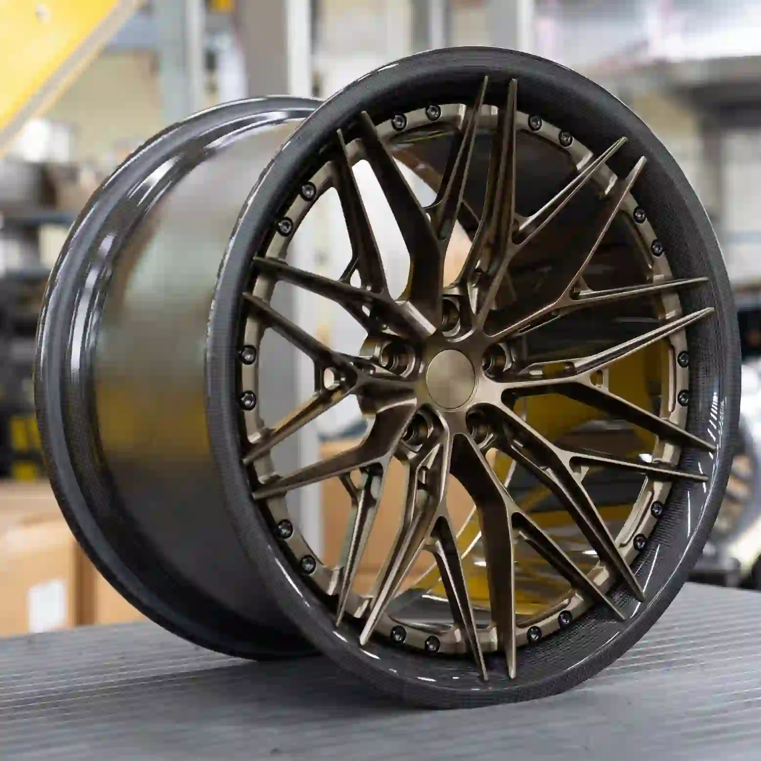 Real shot left view of 18 19 20 21 22 24 inch forged carbon fiber brown wheels for McLaren 570S, Ferrari 812 GTS Audi R8 Porsche 911