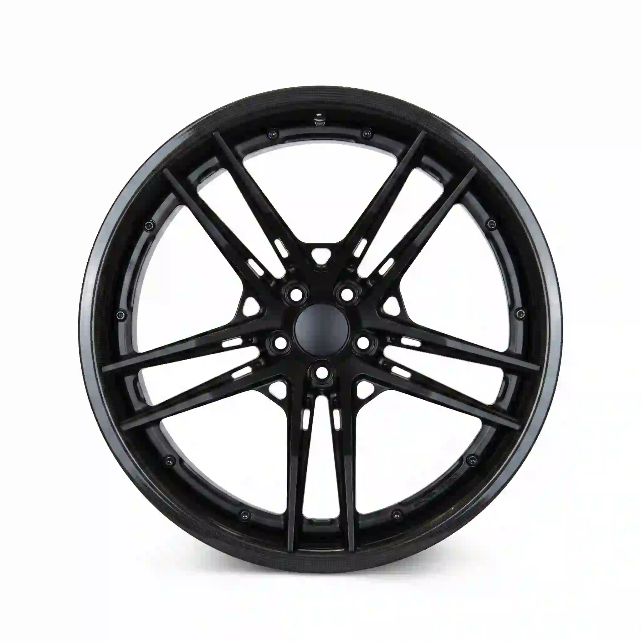 Front view of forged carbon fiber wheels 17-22inch black rims McLaren 570S Ferrari 812GTS Audi R8 Porsche 911 Chevrolet Corvette