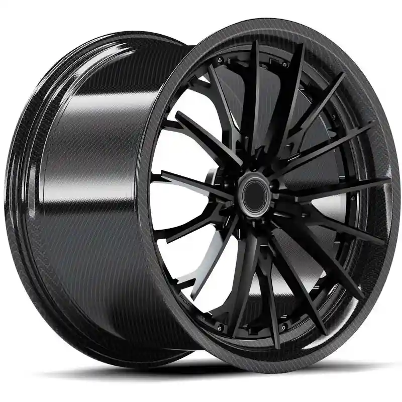Left view of new design 18-24 inch Pcd5x120 forged black carbon fiber racing wheels for Mercedes-Benz and Audi