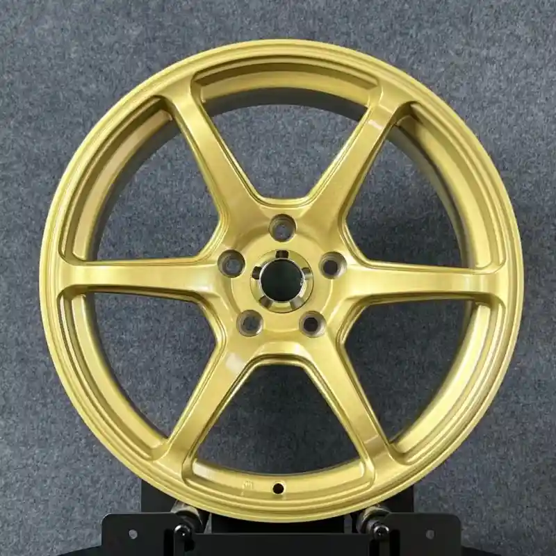Front view of 18 inch cast aluminum gold wheels 6 holes 5x114.3 widths 8.5/9.5 fit Jetta,Audi A6,Tesla Model 3,Mazda RX8 and Toyota Camry