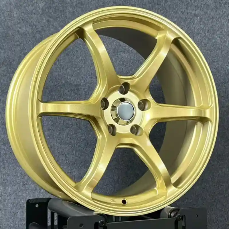 Left view of 18 inch cast aluminum gold wheels 6 holes 5x114.3 widths 8.5/9.5 fit Jetta,Audi A6,Tesla Model 3,Mazda RX8 and Toyota Camry
