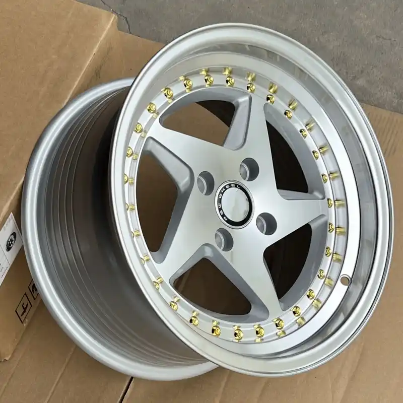 Real photo:Left view of cast alloy rims silver with gold trim wheels 4X100mm 15-20 inch for Miata Suzuki Jegs Spiders
