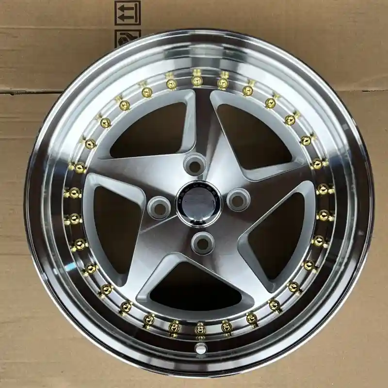 Real photo of cast alloy 15-20 inch rims silver with gold trim wheels 4X100mm for Miata Suzuki Jegs Spiders