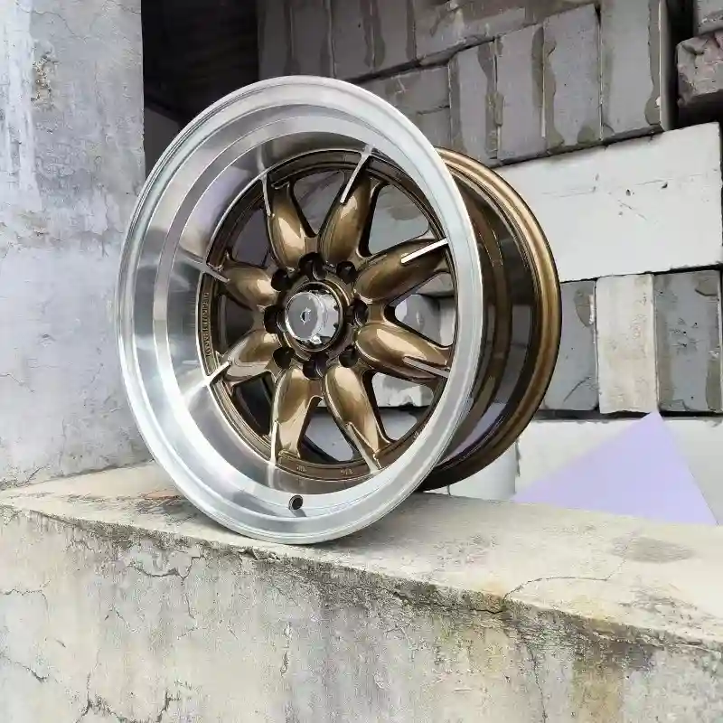Real photo right view of classic deep dish cast alloy wheels 8x100/8x114.3  with 8 holes custom brown rims