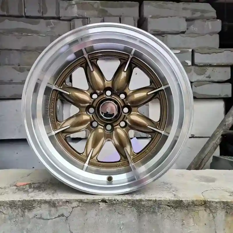 Real photo front view of classic deep dish cast alloy wheels 8x100/8x114.3  with 8 holes custom brown rims