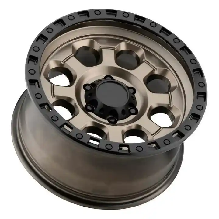 Oblique profile view of aftermarket off-road wheels 6x139.7 cast aluminum alloy rims for Toyota Land Cruiser Hilux