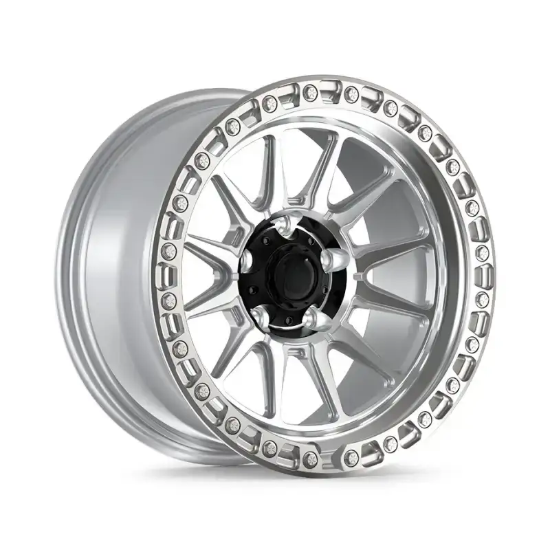 Left view of forged 17inch aluminum alloy silver offroad wheels for Jeep Ford F-150 Chevy Silverado 1500 GMC
