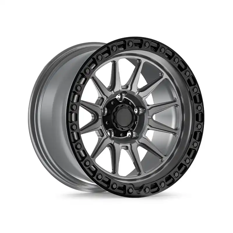 Left view of forged 17inch aluminum alloy grey offroad wheels for Jeep Ford F-150 Chevy Silverado 1500 GMC