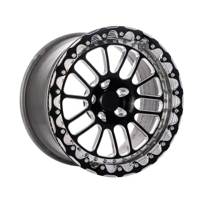 Left view of forged beadlock offroad wheels 112 114.3 120mm concave rims for Mustang GT500 M3 M4 R8 Chevrolet