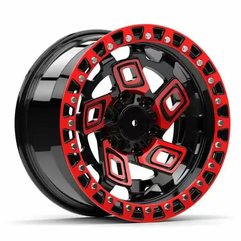 Left view of forged 5 holes 18-inch red black offroad wheels for Touareg BMW F80 M3 Suzuki Jimny