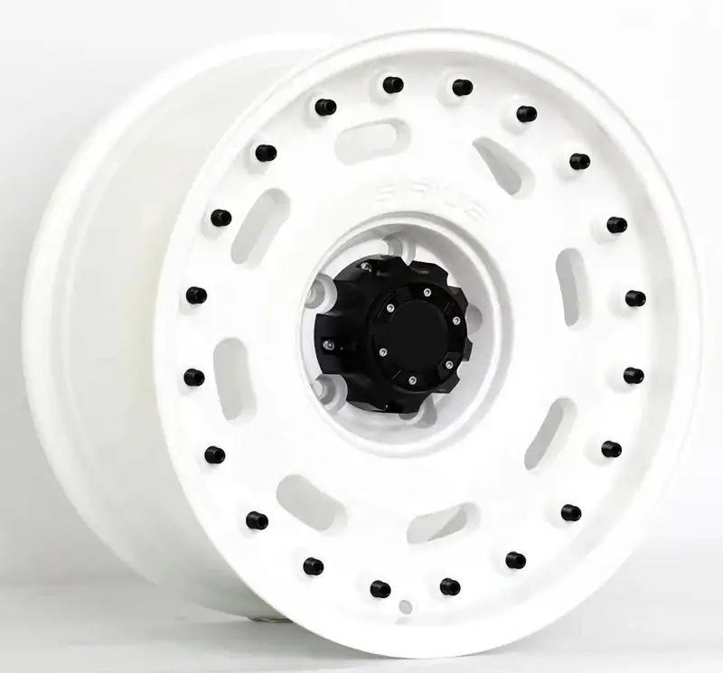 Left view of forged negative pcd120mm 139.7mm offroad white wheels for Jeep Wrangler and Chevy Colorado
