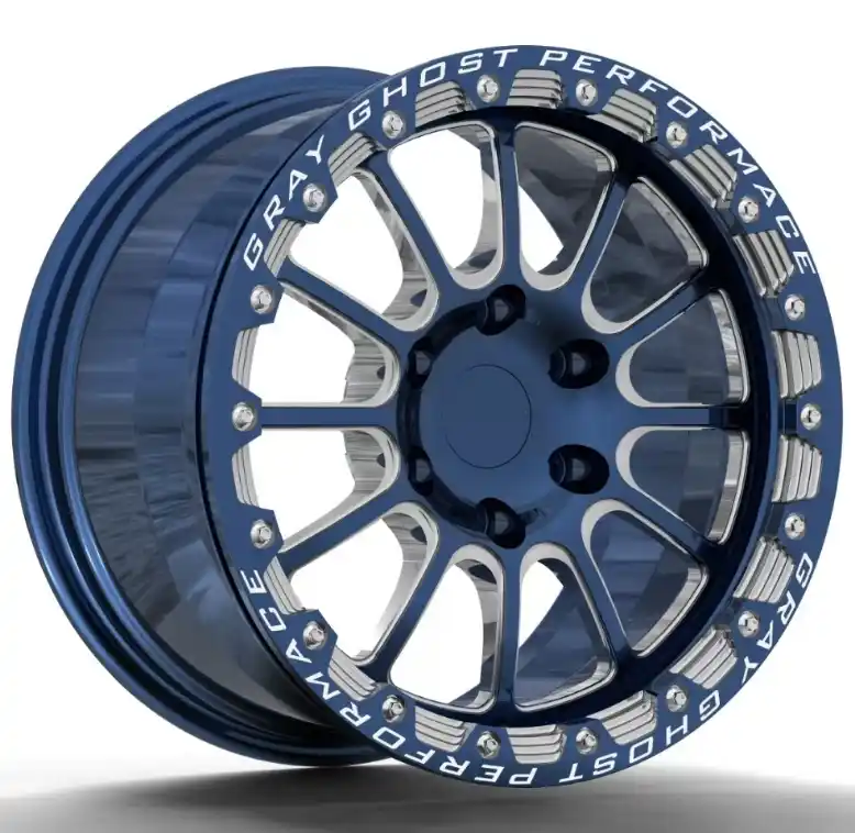 Left view of forged aluminum blue wheels 17x9.5 for Ford F-150 Raptor Rico Cosmic