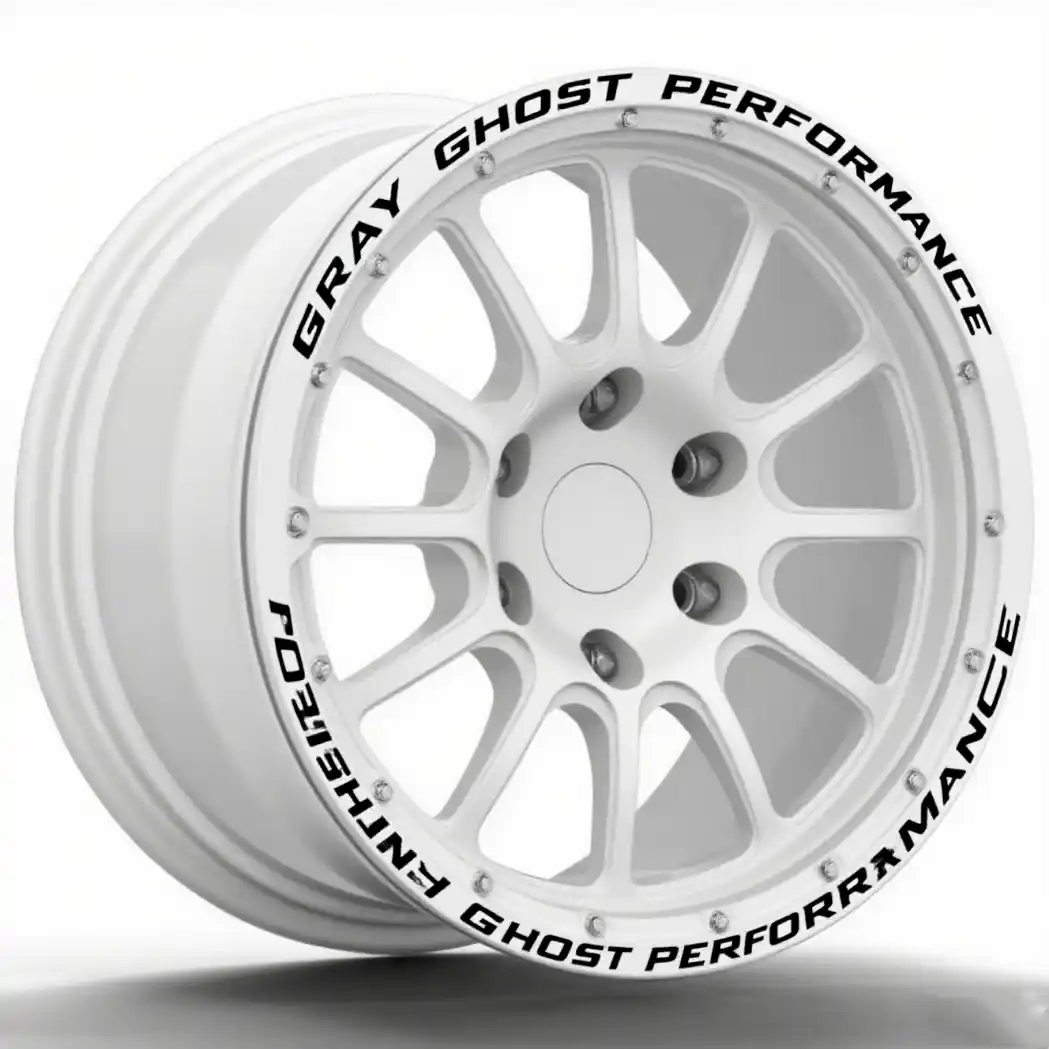 Left view of forged aluminum white wheels 17x9.5 for Ford F-150 Raptor Rico Cosmic