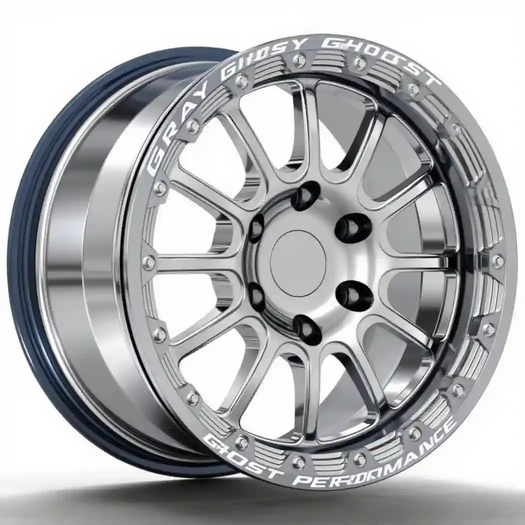 Left view of forged aluminum silver wheels 17x9.5 for Ford F-150 Raptor Rico Cosmic