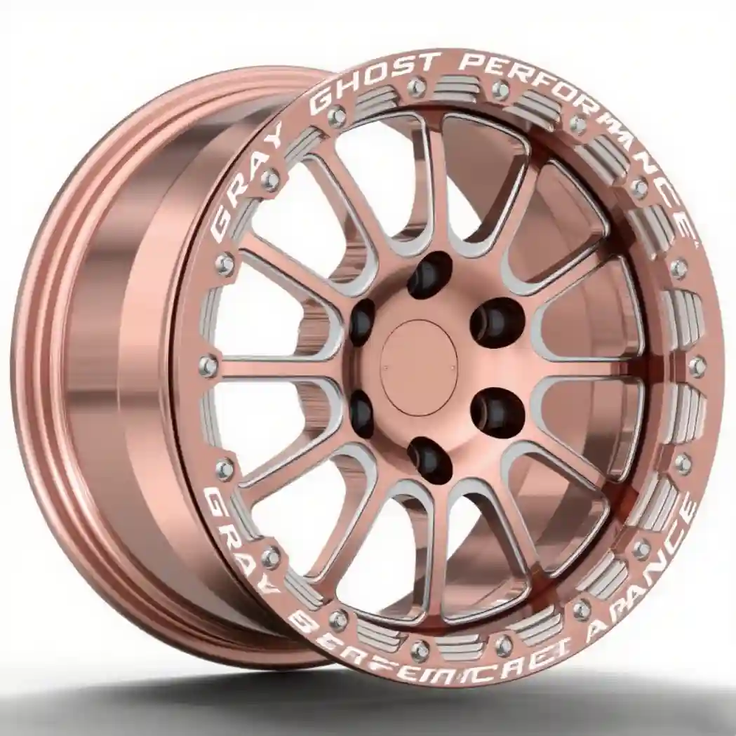 Left view of forged aluminum rose gold wheels 17x9.5 for Ford F-150 Raptor Rico Cosmic