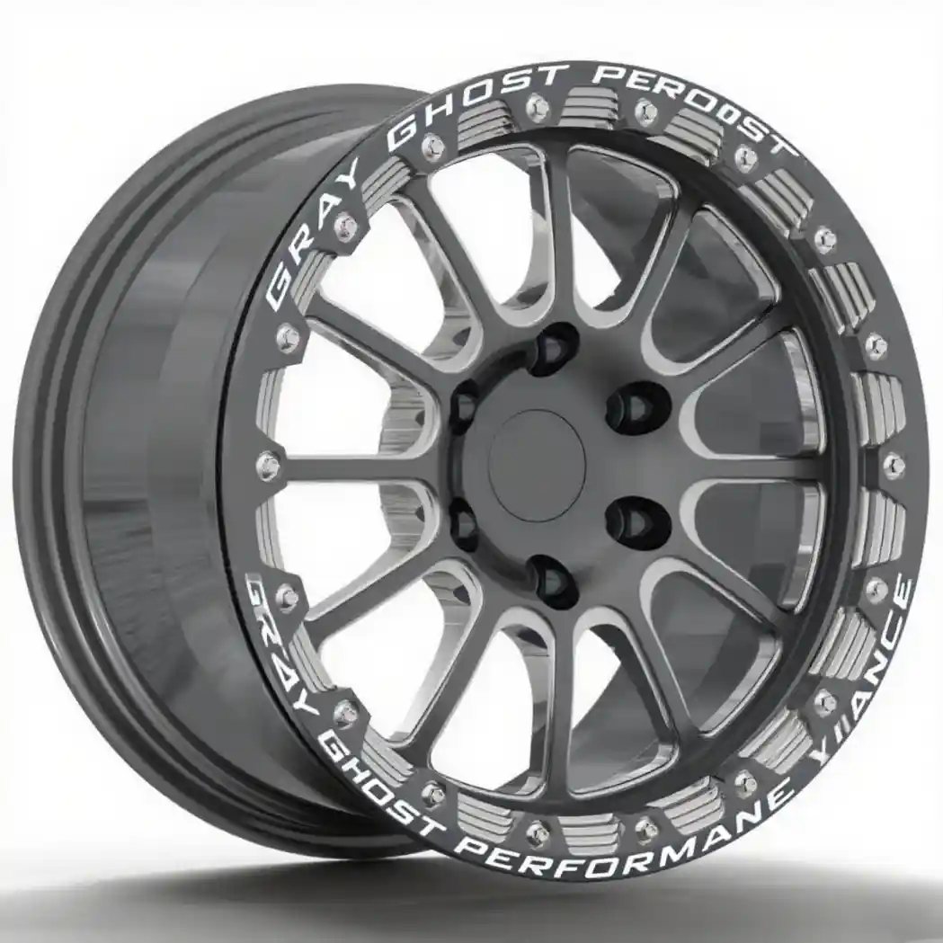 Left view of forged aluminum gun gray wheels 17x9.5 for Ford F-150 Raptor Rico Cosmic