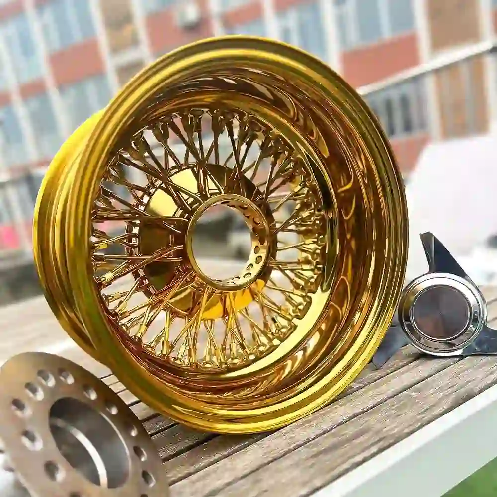 Live shot picture:Multi-spoke wire wheels 13 14 15 16 17 18 20 inch 5.5-10j width gold chrome rims for Impala El Camino Caprice