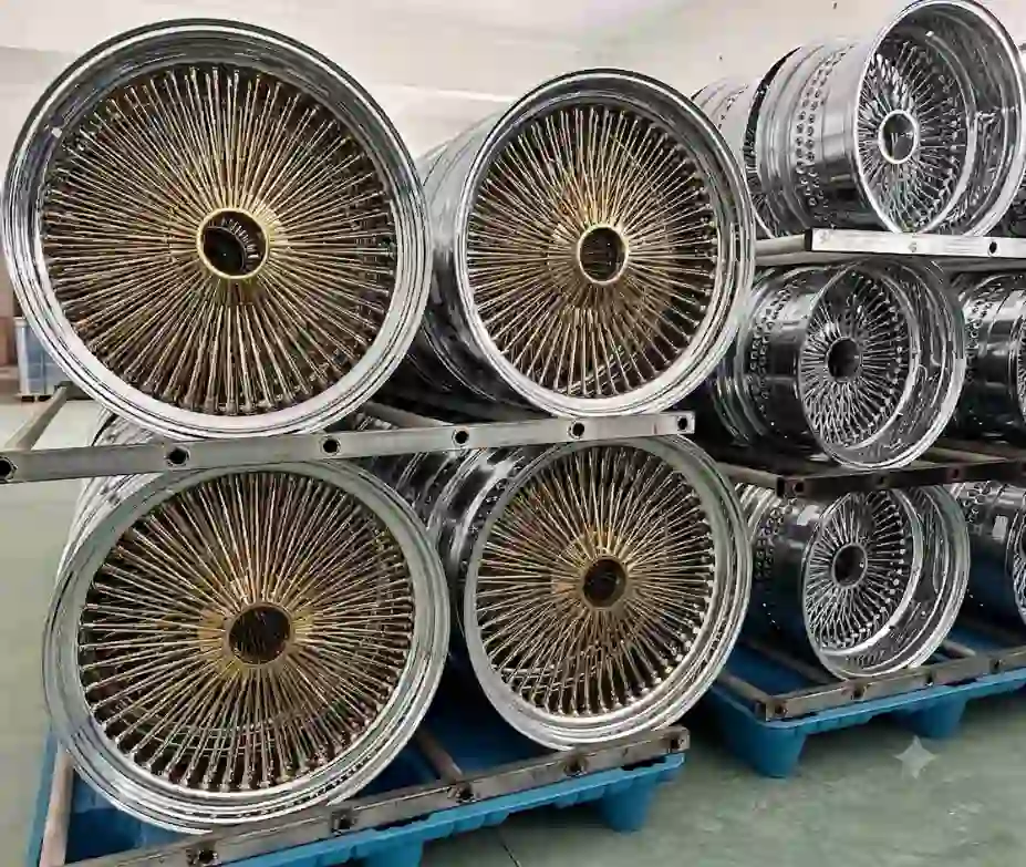Real shot of wheel warehouse:Spoke wire wheels chrome 13-24inch multi-pcd classic style rims for all types of passenger vehicles